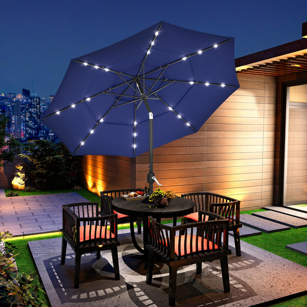10ft 3-Tier Vented Solar Patio Umbrella, Table Outdoor Market Umbrella with 24 LED Lights
