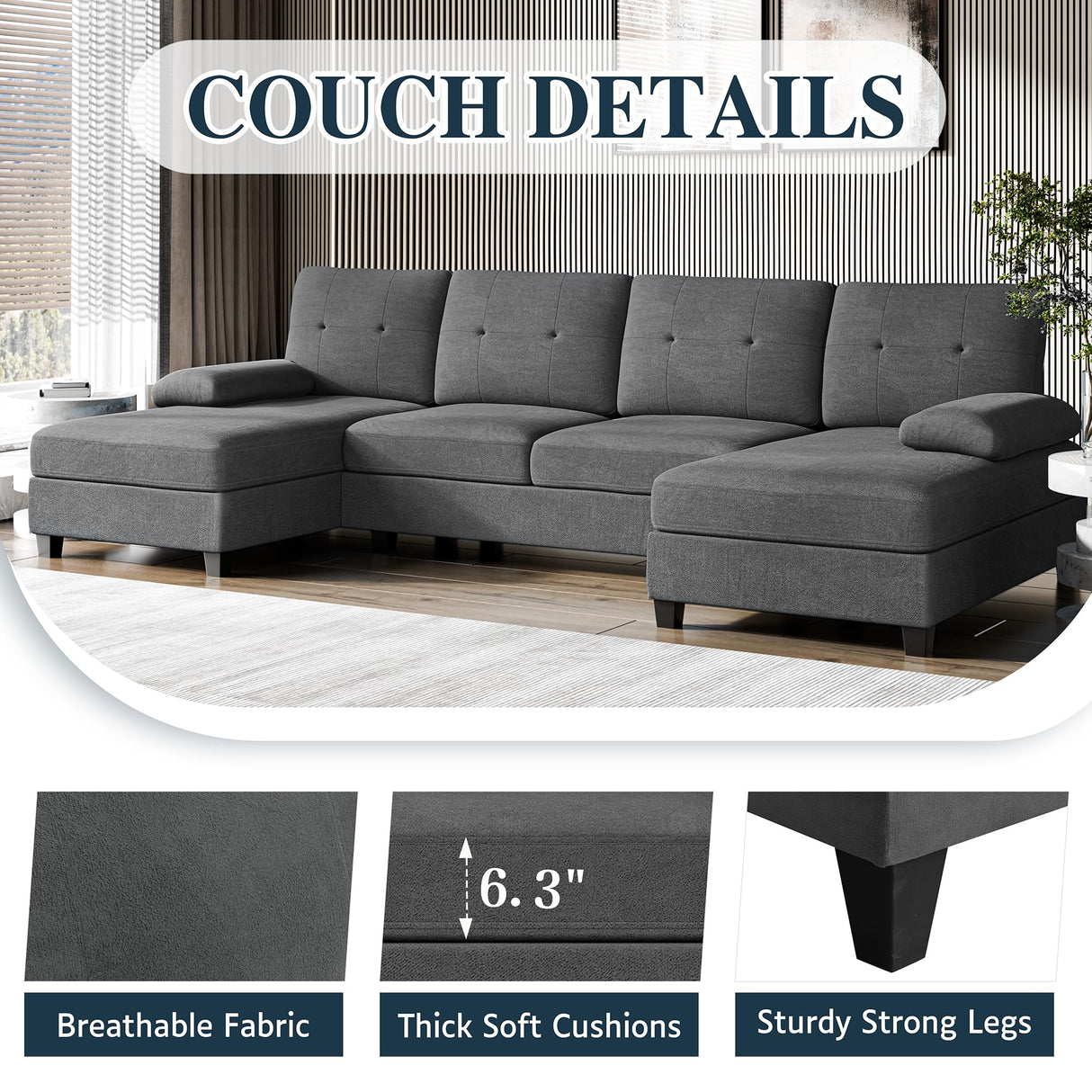 Sectional Sofa Couch, U-Shaped Couches for Living Room, 4 Seat Sofa with Oversized Seats and Double Chaise