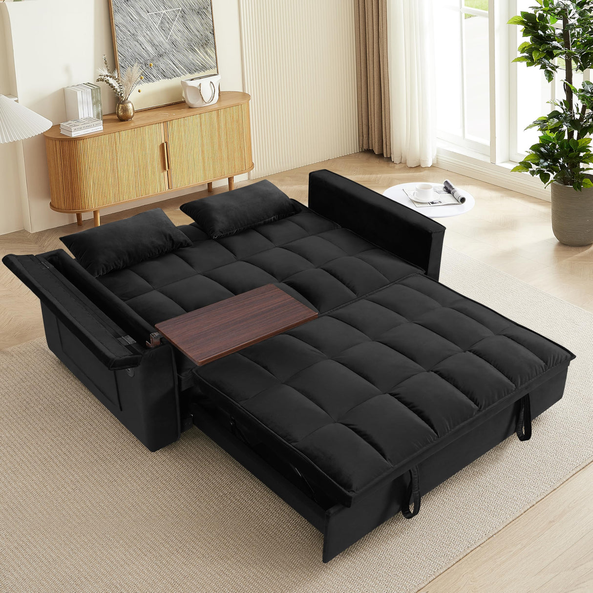 3-in-1 Pull Out Velvet Sofa Bed, Adjustable Backrest Tufted Velvet Love Seat Couch