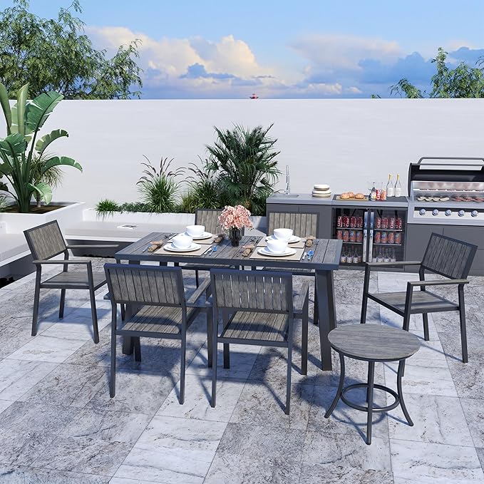 8-Piece Patio Dining Set，Outdoor Aluminum Furniture Set with Plastic-Wood Table Top