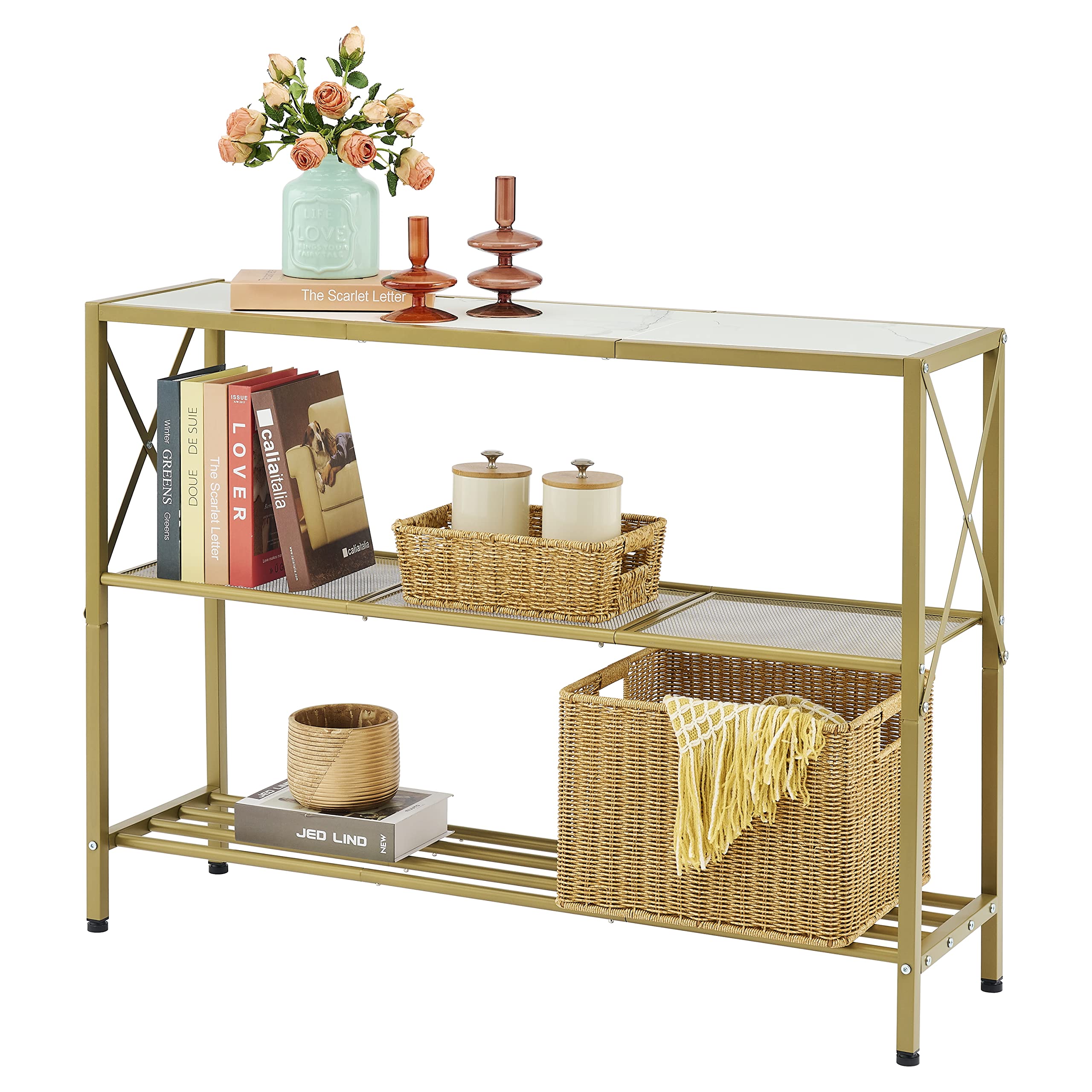 Gold Console Table, 3 Tier Entryway Table, Hallway Table, Narrow Sofa Table with Shelves