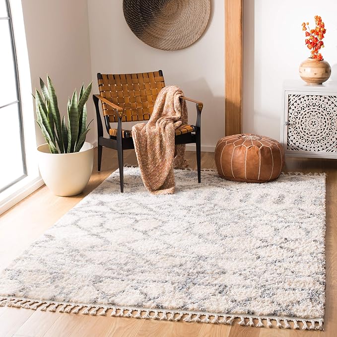 Berber Fringe Shag Collection 6'7" Square Cream/Grey BFG626A Moroccan Non