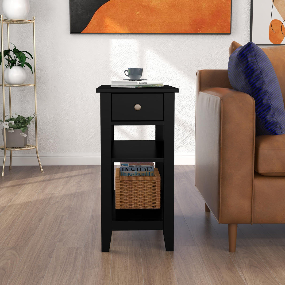 Side Table Living Room, Narrow End Table with Drawer and Shelf, 3-Tier Sofa End Table