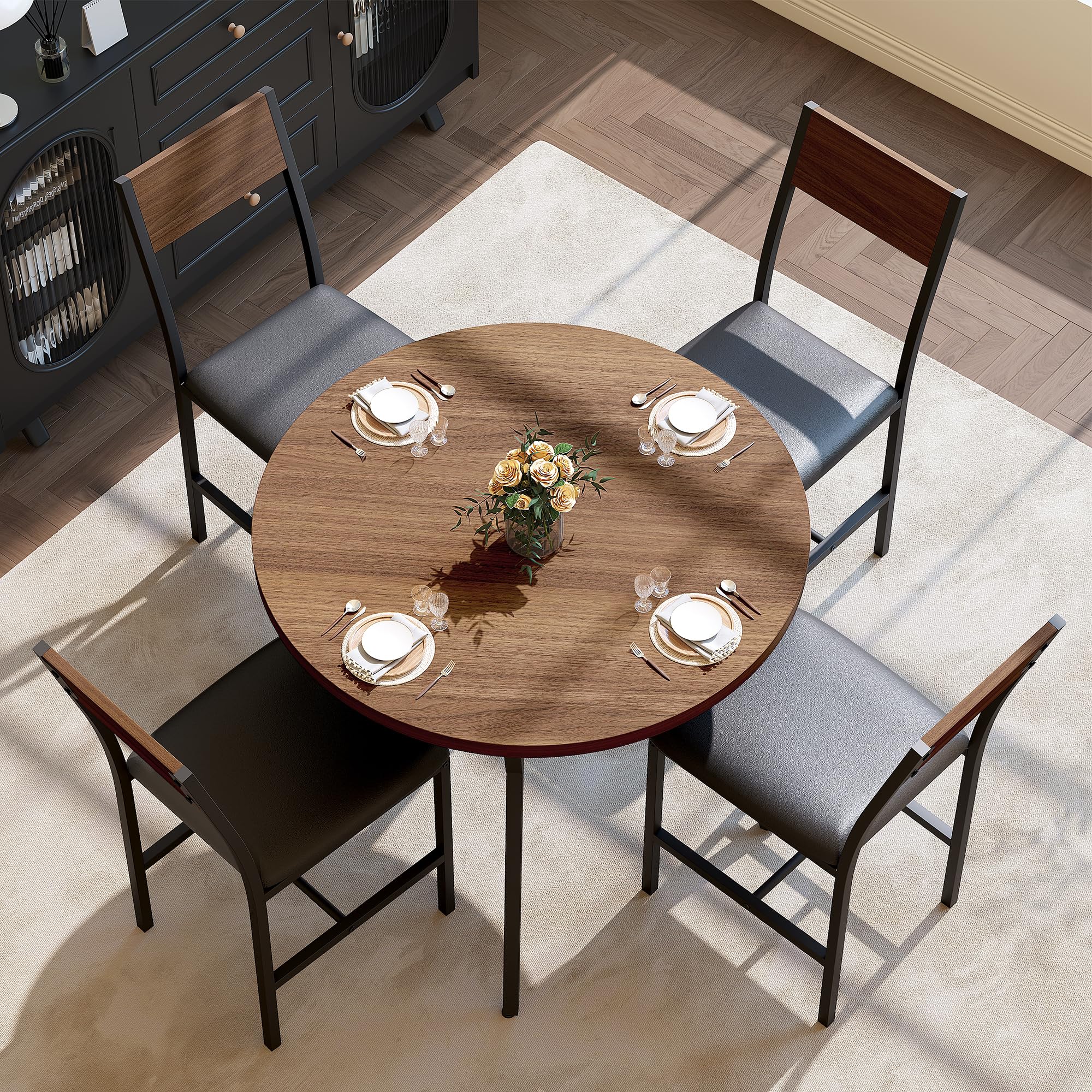 Round Dining Table Set for 4 with Pedestal Base - Walnut