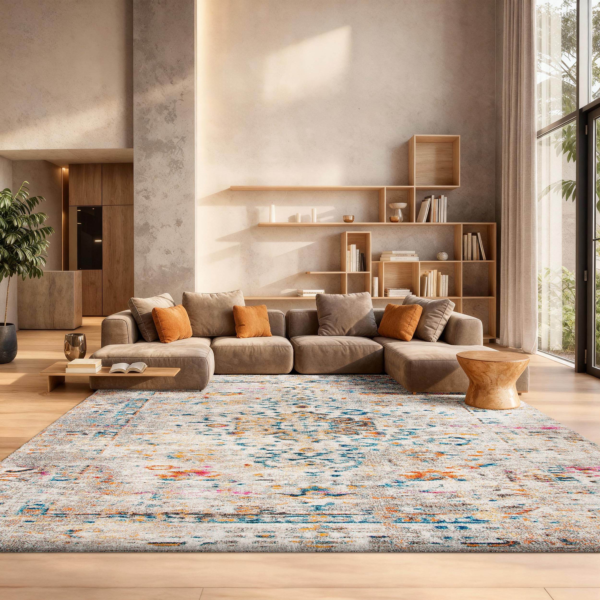 SAFAVIEH Madison Collection Area Rug - 10' x 14', Grey & Gold, Boho Distressed Medallion Design, Non-Shedding & Easy Care, Ideal for High Traffic Areas in Living Room, Bedroom (MAD474F)