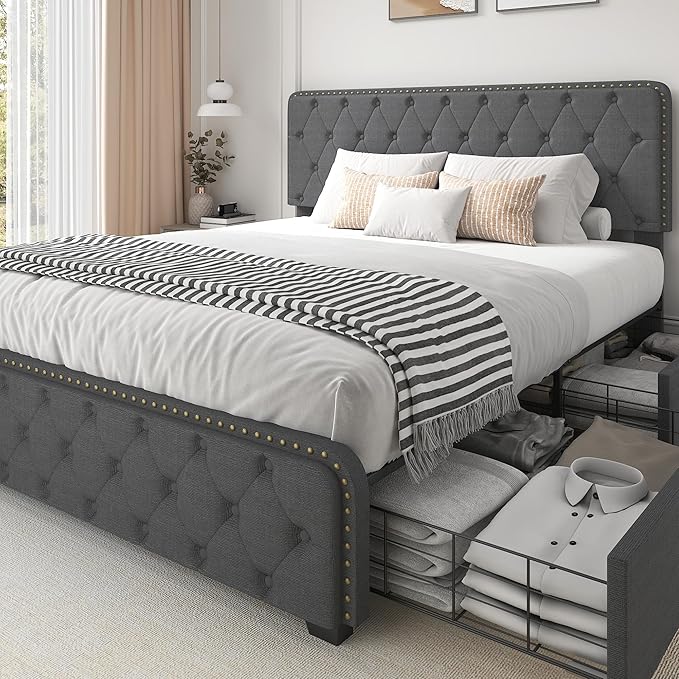 Queen Bed Frame with Headboard Faux Leather Upholstered Metal Queen Bed Frame