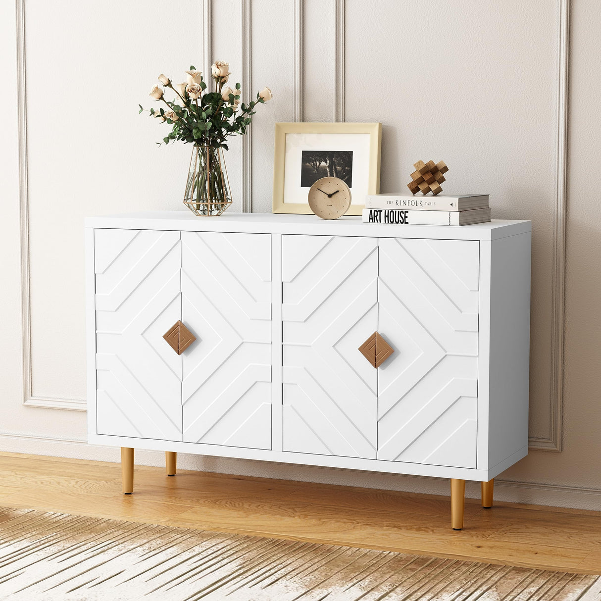 HLR 48" Buffet Cabinet with 4 Doors and Shelves, Modern Credenza Storage Cabinet with Embossed Pattern Doors, Storage Cabinet Sideboard for Living Room, Kitchen, Dining Room, Hallway