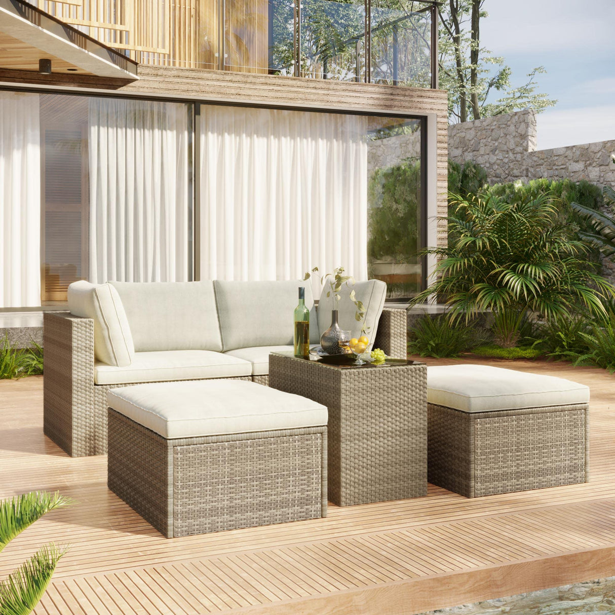 4-Piece Outdoor Patio Furniture Set Garden Wicker Rattan Sectional Sofa Set