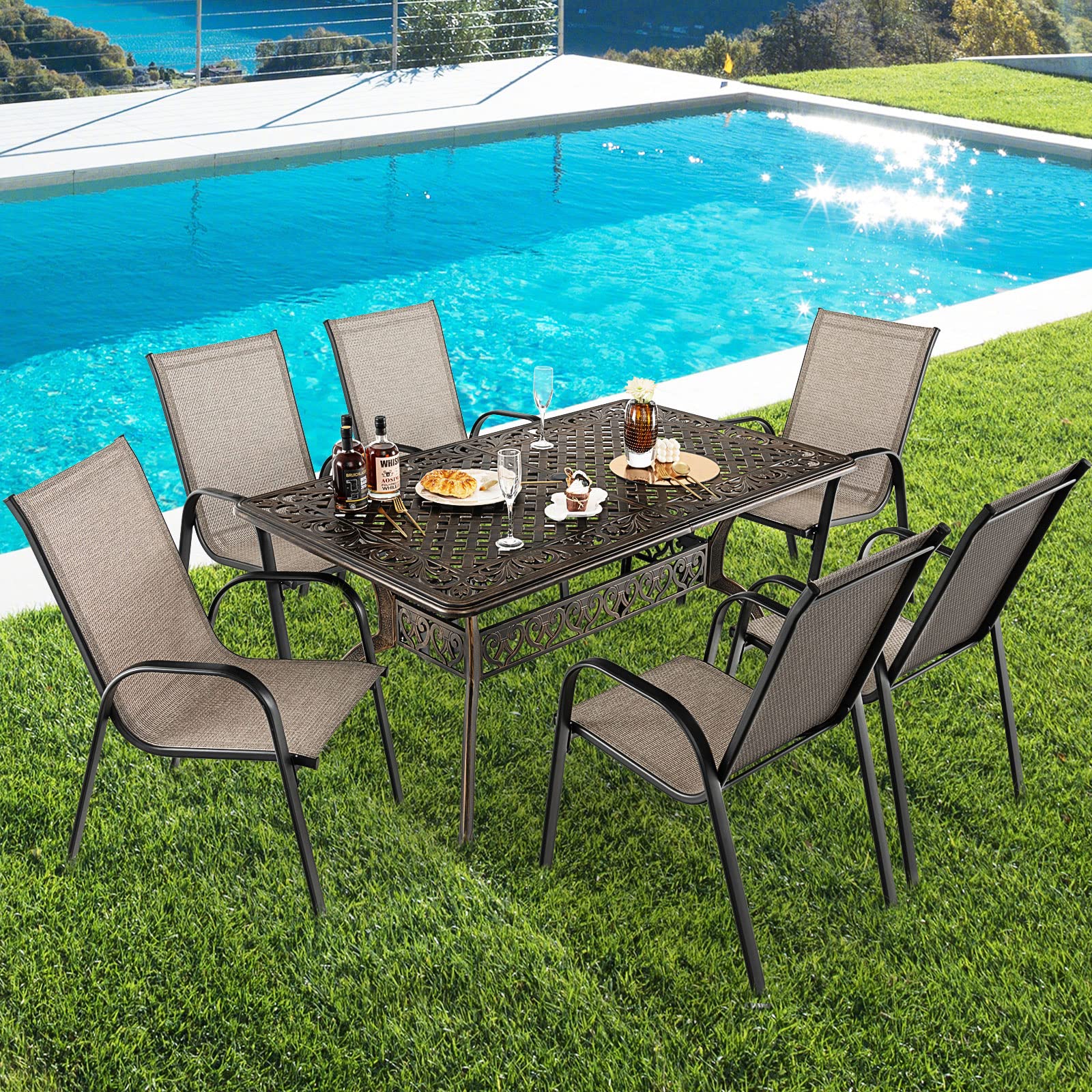 Tangkula 59 Inches Outdoor Dining Table, All-Weather Cast Aluminum Table