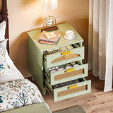 Rattan Nightstand Set of 2, Mint Green End Table with 3 Drawers for Couch, Wooden Bedside Table for Living Room