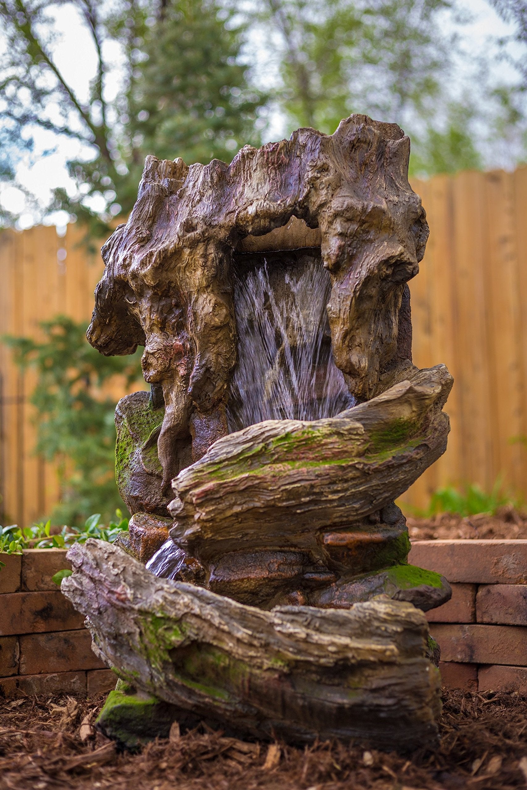 32" Cottage Log Garden Fountain: Tiered Outdoor Water Feature for Gardens & Patios. Weatherproof Resin, Hand-Crafted, w/LED Lights.