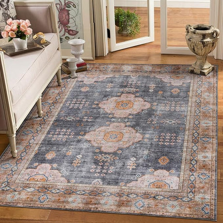 Camilla Boho Area Rug, 5'×7' Washable Oriental Accent Rug, Non-Slip Traditional Floral