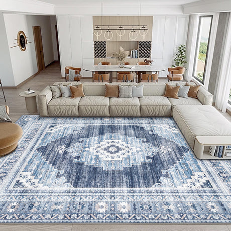 Area Rug 8x10 Large Rug: Washable Non-Slip Rugs Chenille Print Rug Soft Low-Pile Indoor Vintage Carpet for Living Room Bedroom Dining Table Kitchen Home Office(Blue, 8'x10')