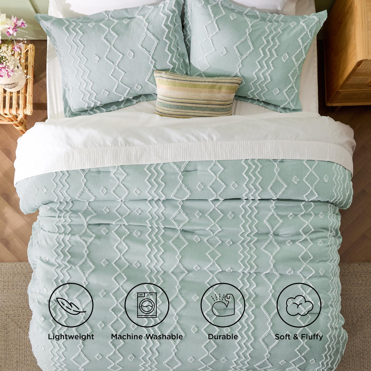 Boho Tufted Comforter Set King - Sage Green Cationic Dyeing Bedding Comforter Set