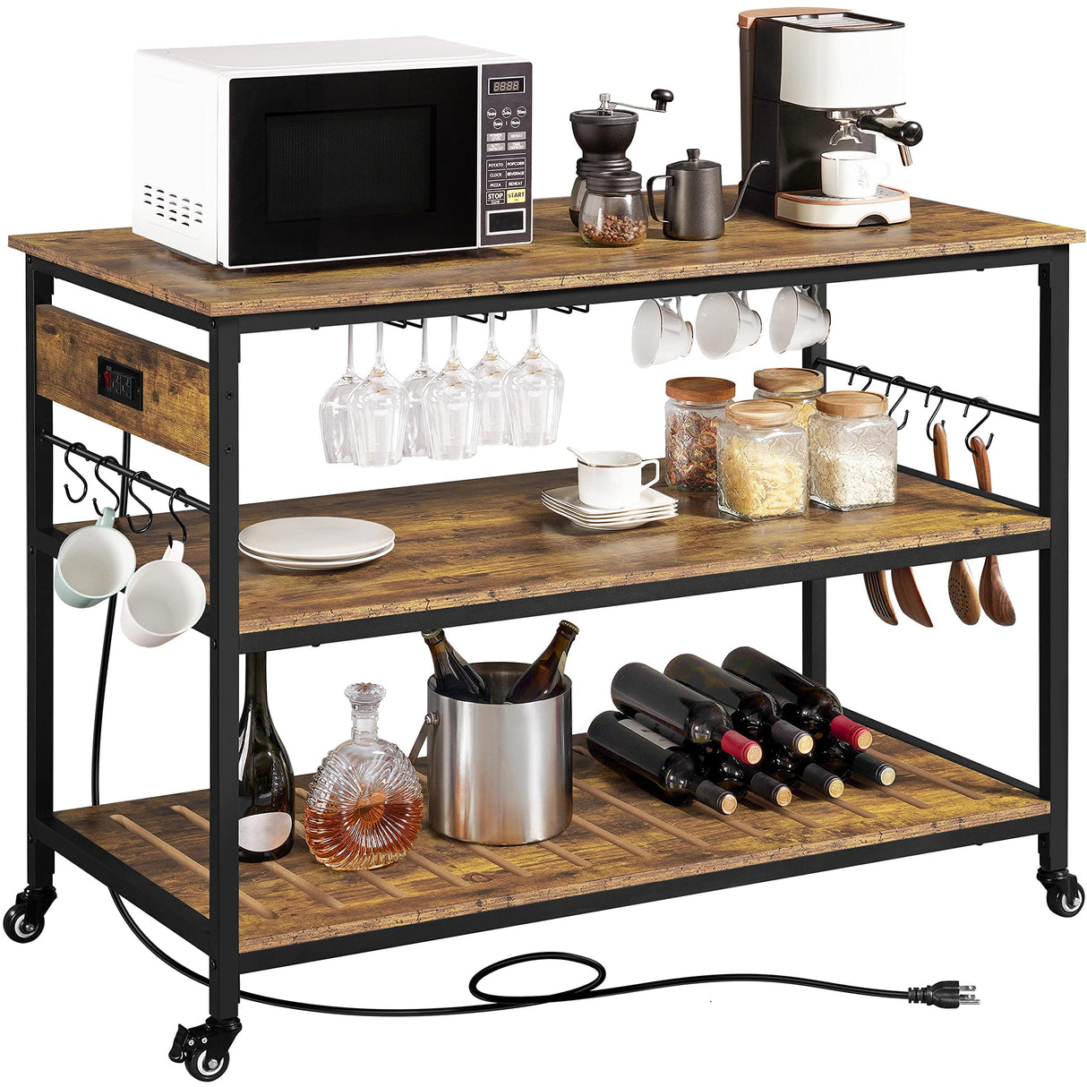 Kitchen Island with Power Outlet, Rolling Kitchen Cart with Wine Rack