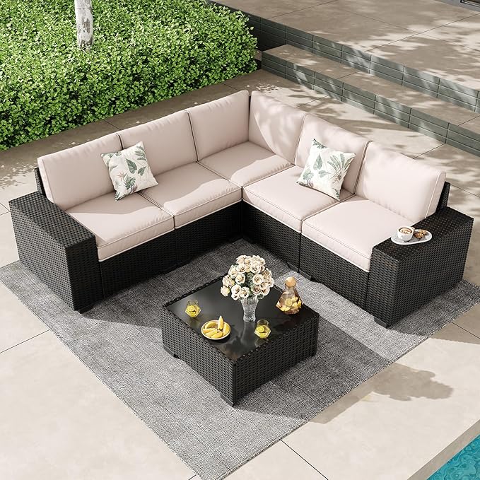 6 Pieces Outdoor Patio Furniture Set, Wicker Conversation Sets with Tea Table