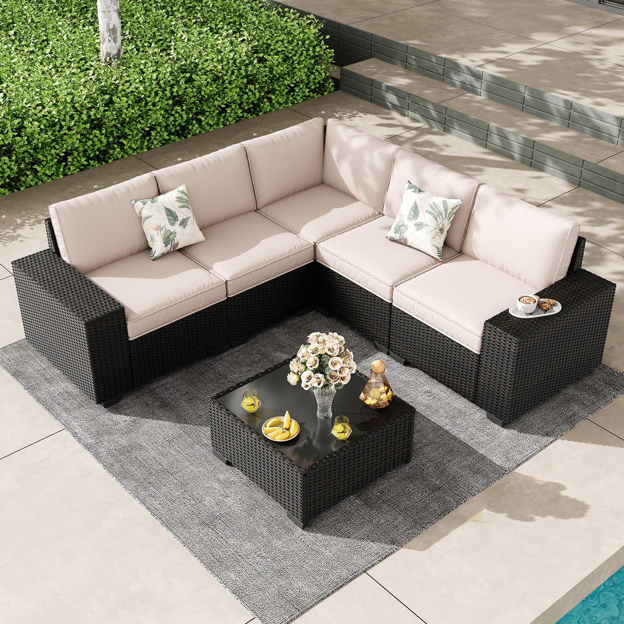 6 Pieces Outdoor Patio Furniture Set, Wicker Conversation Sets with Tea Table