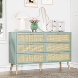 Natural Rattan 6 Drawer Double Dresser for Bedroom, Industrial Wood Clothing Organizer