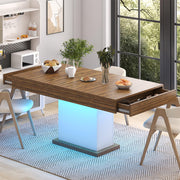 55-Inch Dining Table with Drawers & LED Lights - White & Rustic Brown