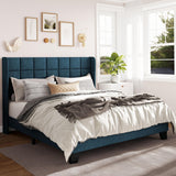 Queen Size Platform Bed Frame with Wingback, Fabric Upholstered Square Stitched