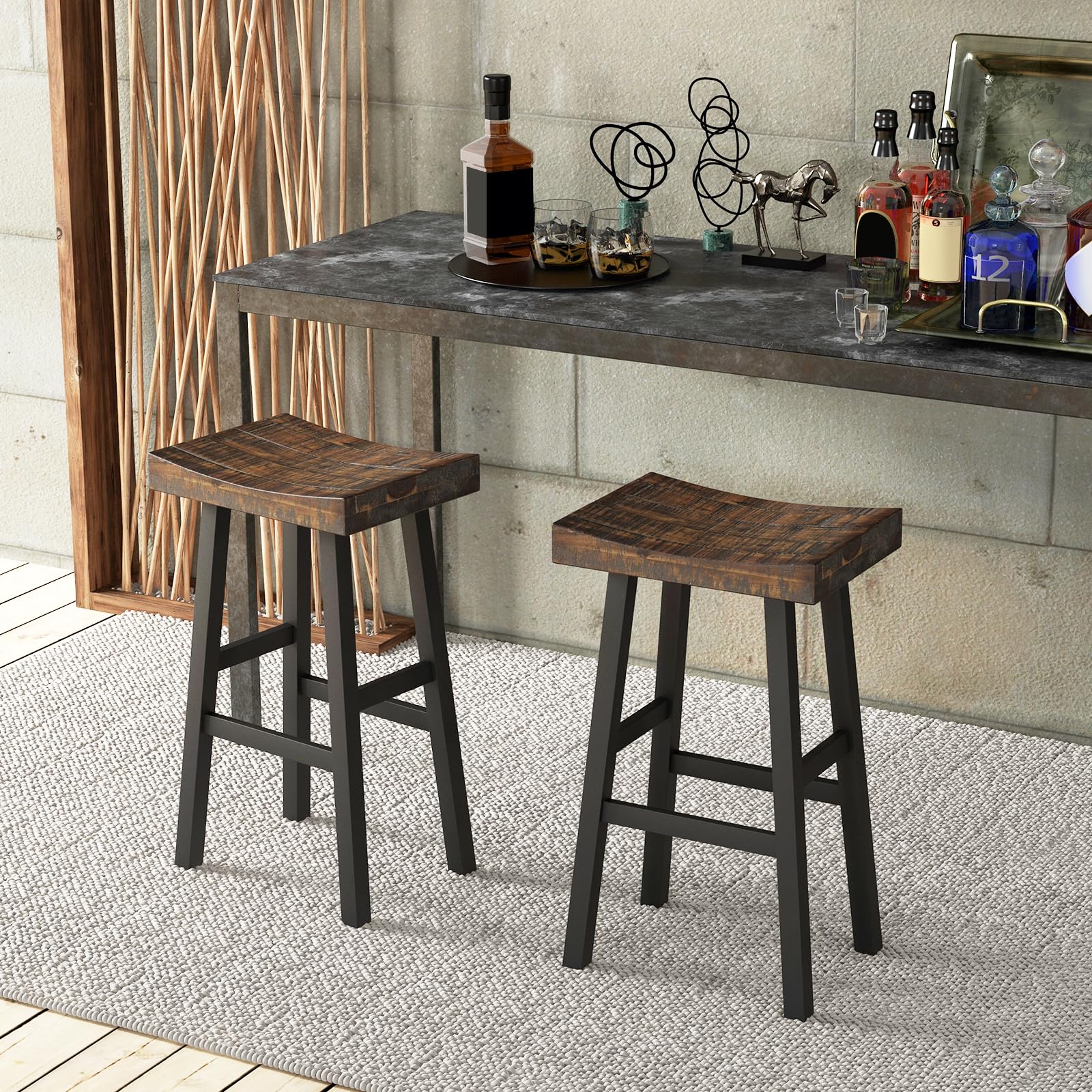 Wooden Saddle Stools Set of 4, 29-inch Bar Height Stools with Curved Seat Surface