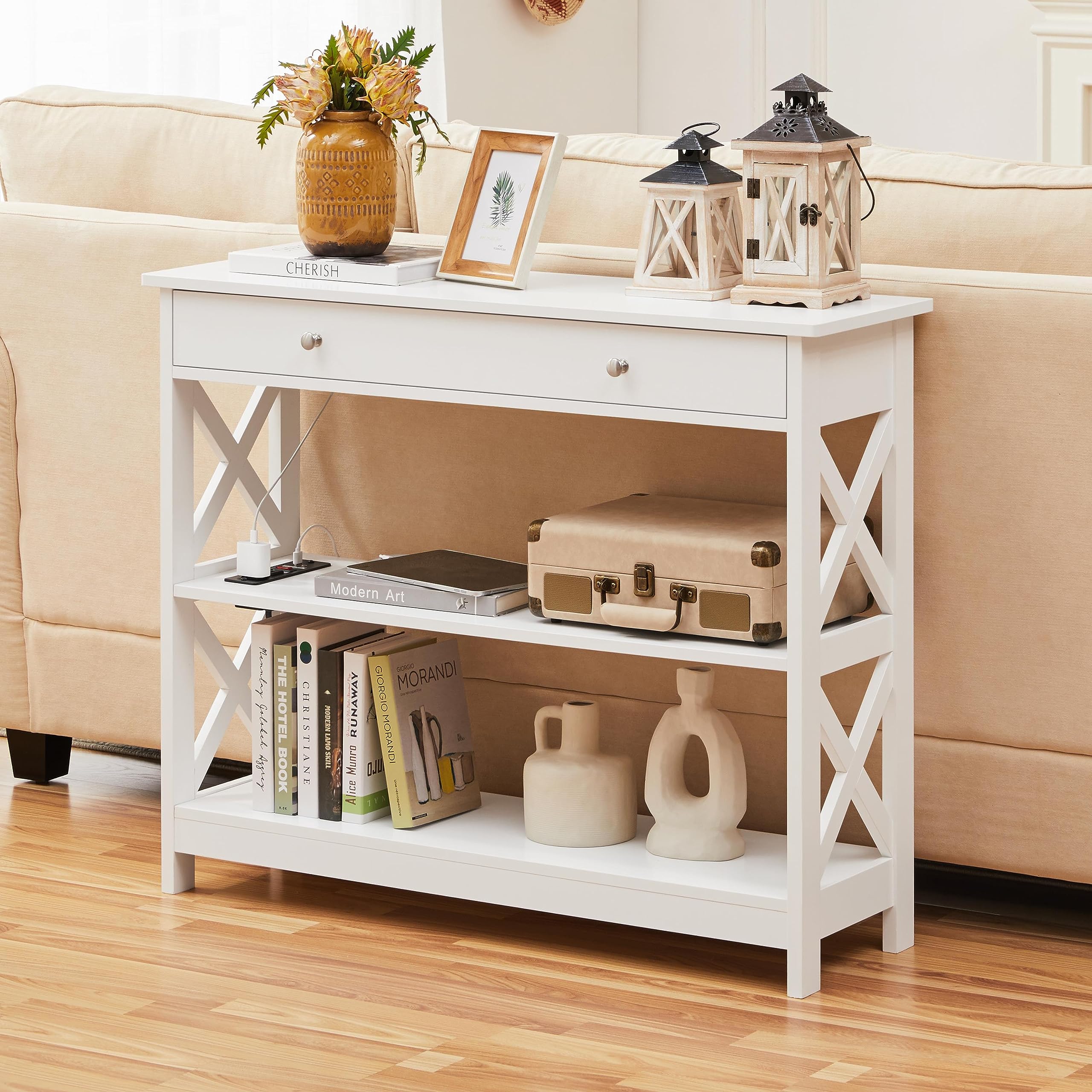 Entryway Table with Drawer, Wood Console Table with Outlets and USB Ports,