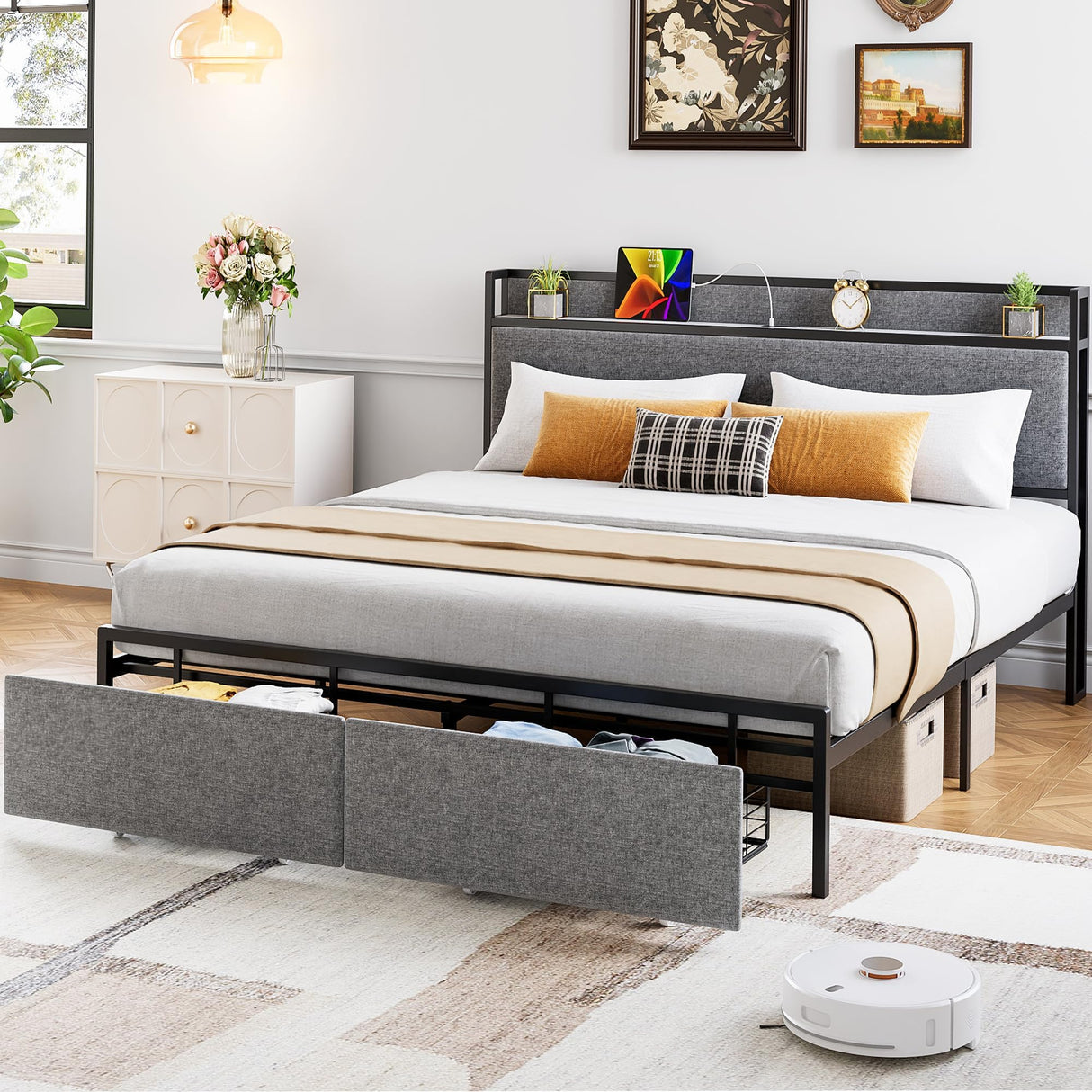 Queen Size Bed Frame with Charging Station Headboard and 2 Storage Drawer, Upholstered Platform Bed with USB Port & Outlets, No Box Spring Needed Storage Bed, Noise Free, Easy Assemble, Grey