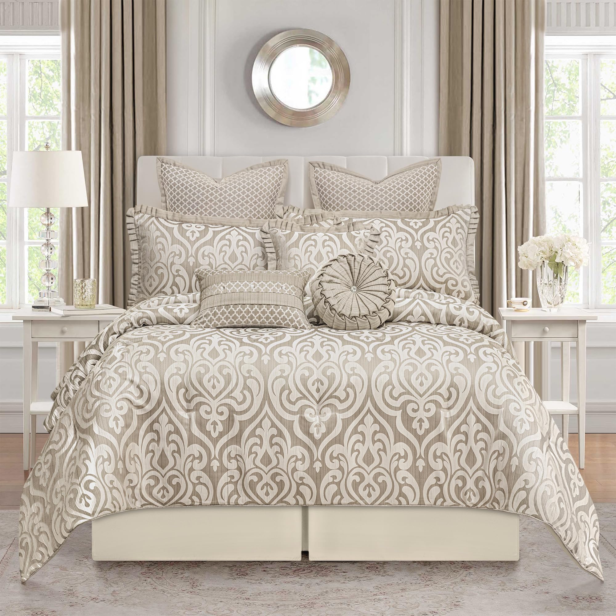 9-Piece Jacquard Comforter Set - Luxury Damask Bedding King Size (Taupe Beige)