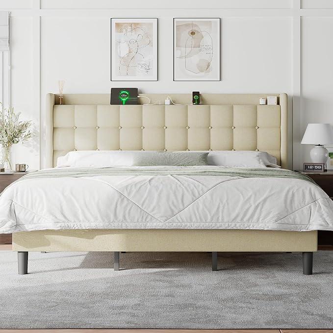 Feonase Full Size Bed Frame with Charging Station, Upholstered Platform Bed Frame with Storage Wingback Headboard, No Box Spring Needed, Easy Assembly, Beige