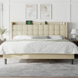 Feonase Full Size Bed Frame with Charging Station, Upholstered Platform Bed Frame with Storage Wingback Headboard, No Box Spring Needed, Easy Assembly, Beige