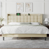 Queen Bed Frame with Charging Station, Upholstered Platform Bed Frame with Wingback