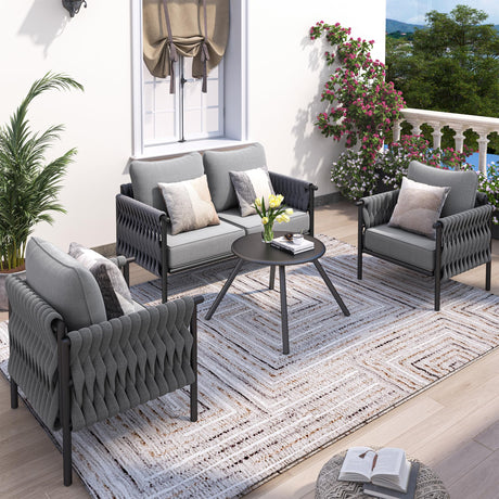 Metal Outdoor Patio Furniture Set, 4 Pieces Modern Outdoor Conversation Furniture Sets