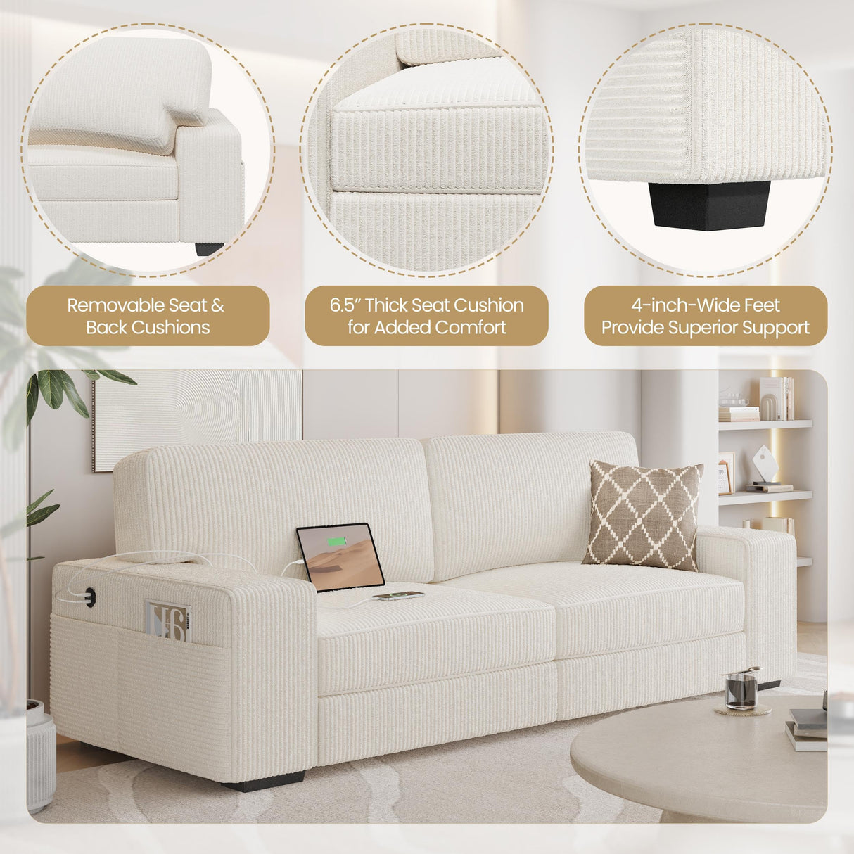 83.5" W Modern Sofa Couch 2 Seater Corduroy Fabric Sofa