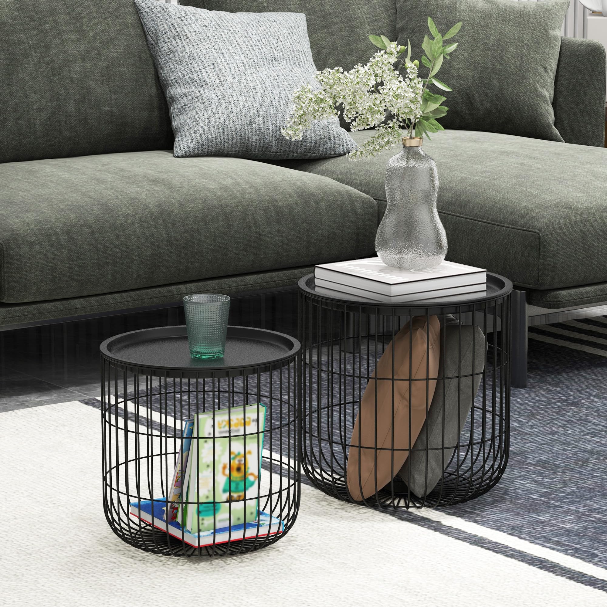Nesting Coffee Tables, Round Coffee Table Set of 2 with Steel Wired Basket Body