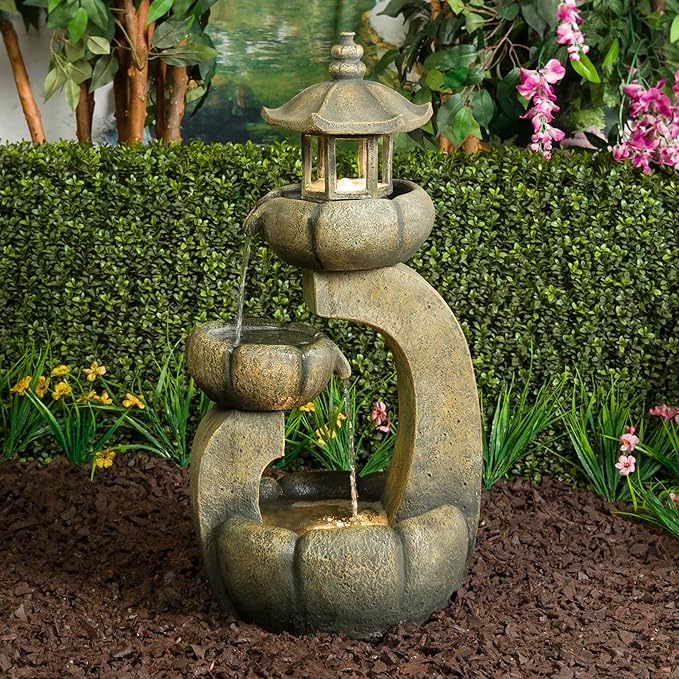 DIG370 31" Outdoor Zen Pagoda Water Fountain with LED Lights & Illuminated Stone Bowl