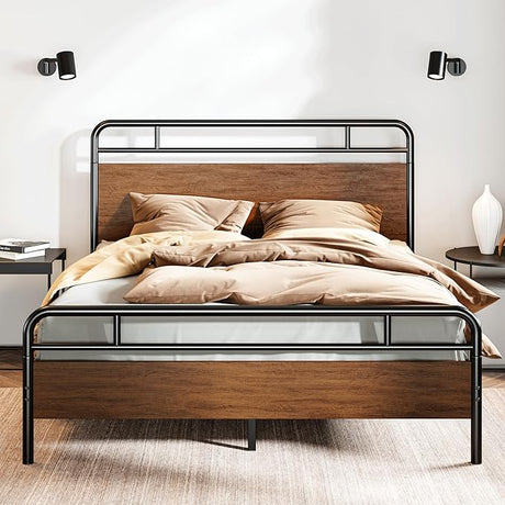 King Size Bed Frame with Wooden Headboard and Footboard, Rounded Corner Metal