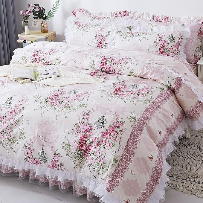 ,Romantic Flower Print Bedding Set,Floral Bed Set,Princess Lace Ruffle Duvet Cover King