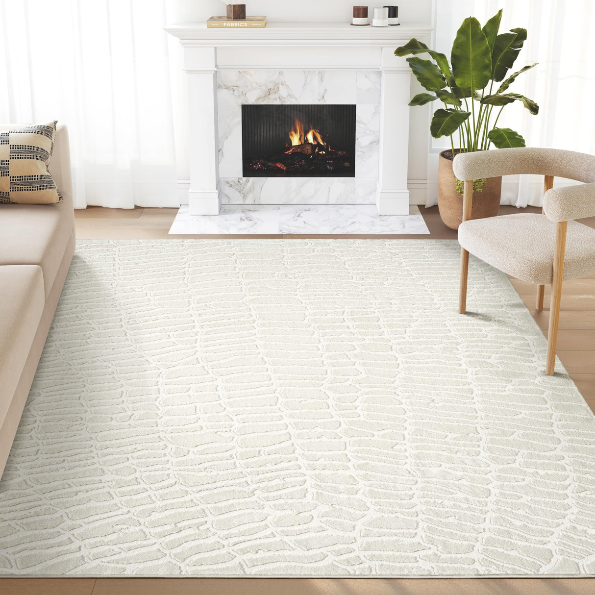 Cream Pebble Pattern Area Rug 8x10 - Durable Easy-Clean Living Room Bedroom Rug