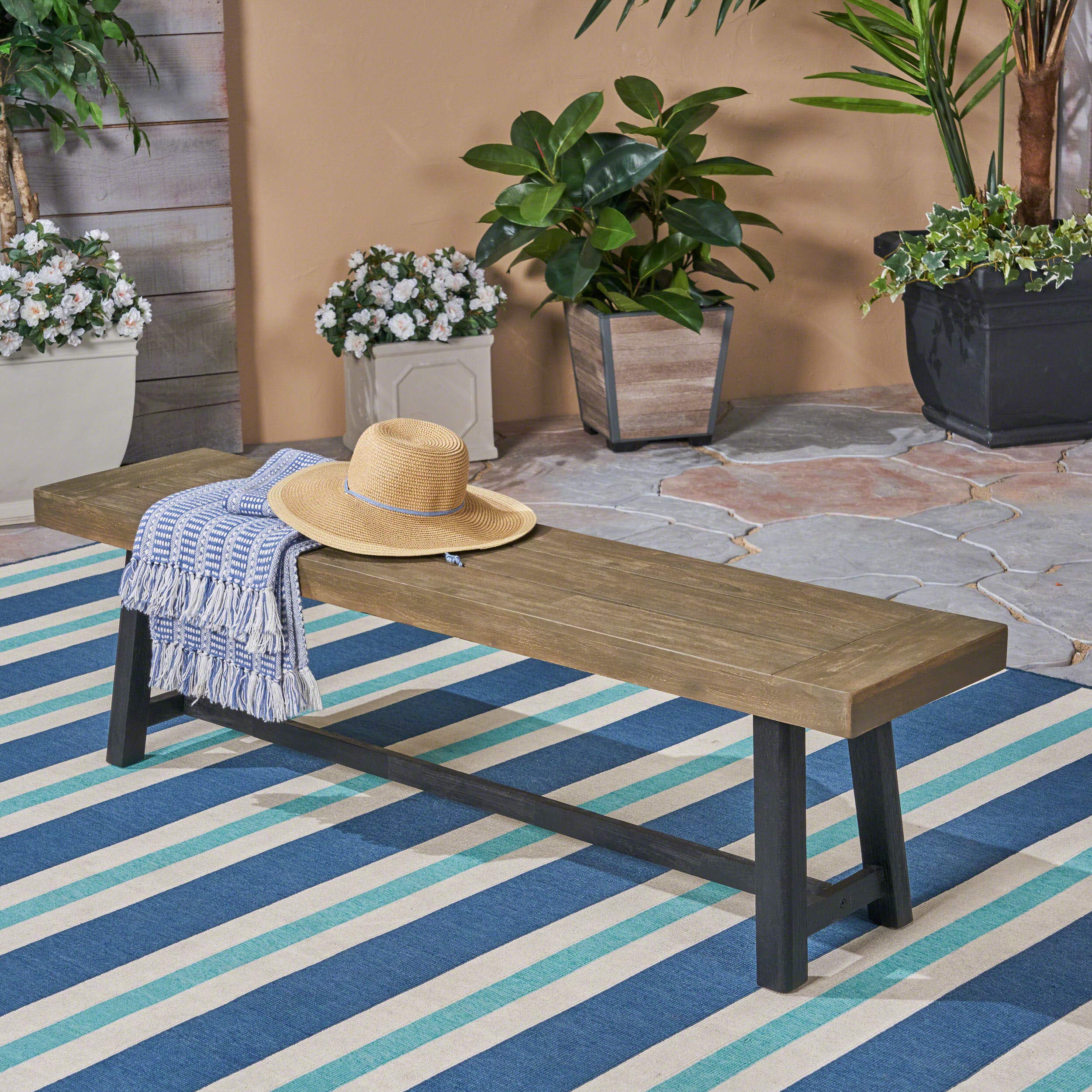 Toby Outdoor Acacia Wood Bench, Sandblast Gray Finish