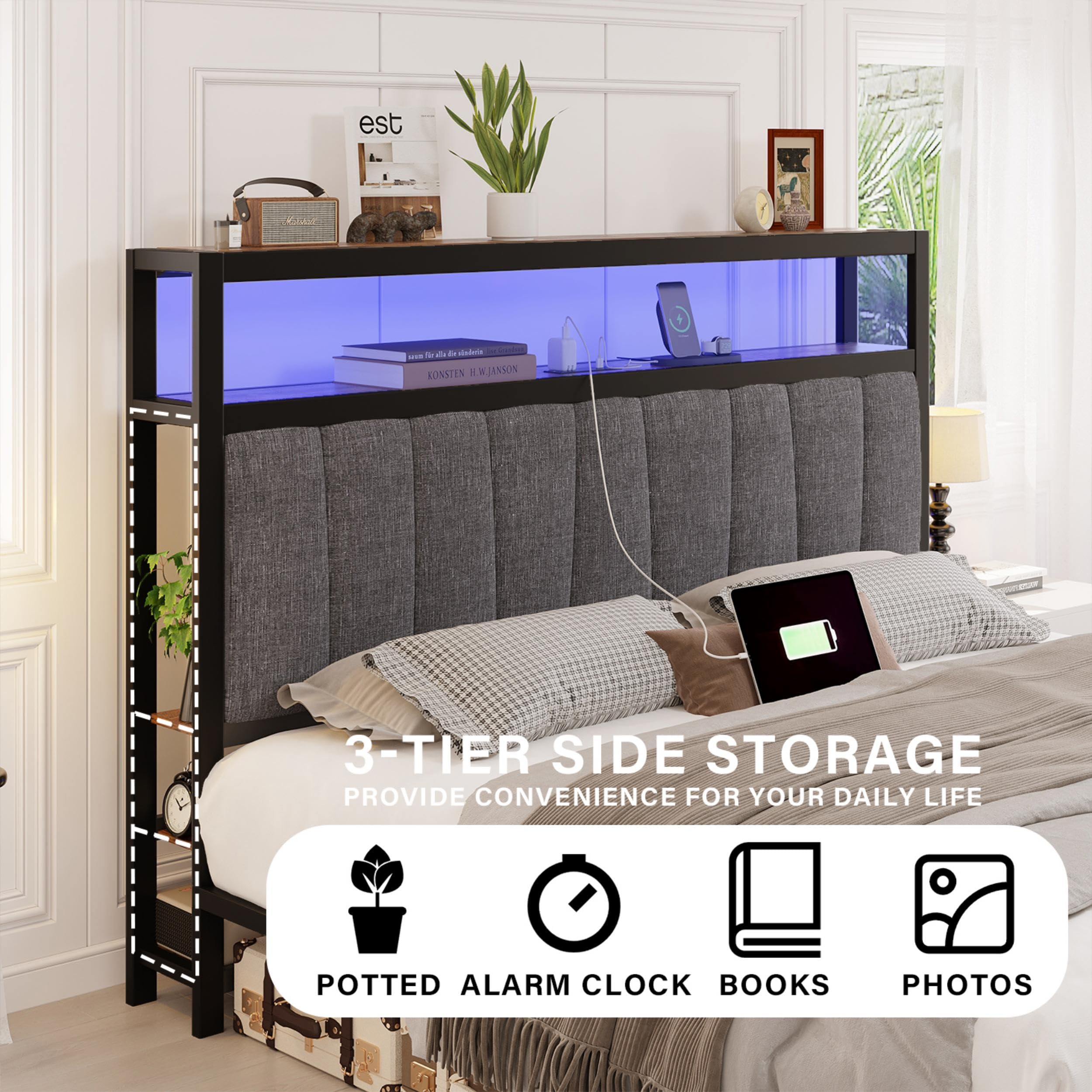 Fastroby LED Bed Frame Queen Size with Storage, Upholstered Queen Bed Frame with 2-Tier Charged Headboard and Drawers, 6-Side-Storage, Dark Grey