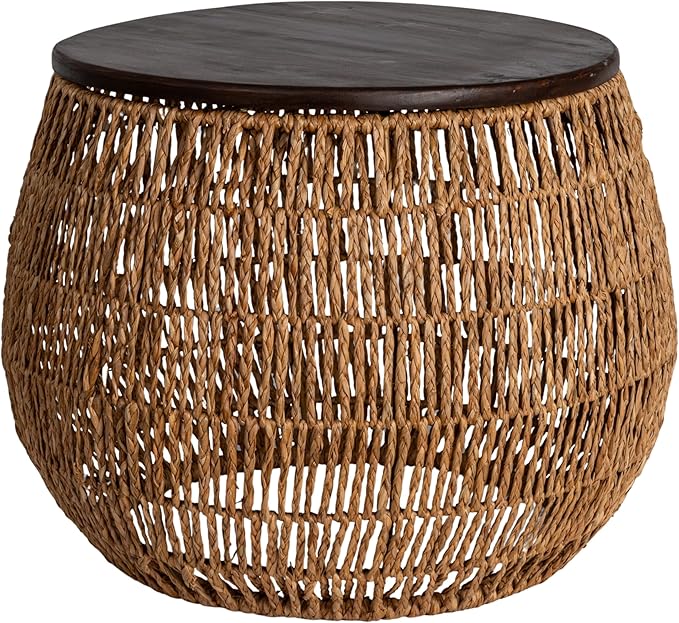 Hand-Woven Seagrass and Pine Wood Round Side Table, Natural