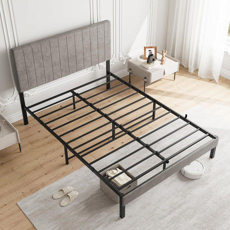 Full Size Upholstered Bed Frame with Tufted Headboard and Metal Slats Support, Heavy