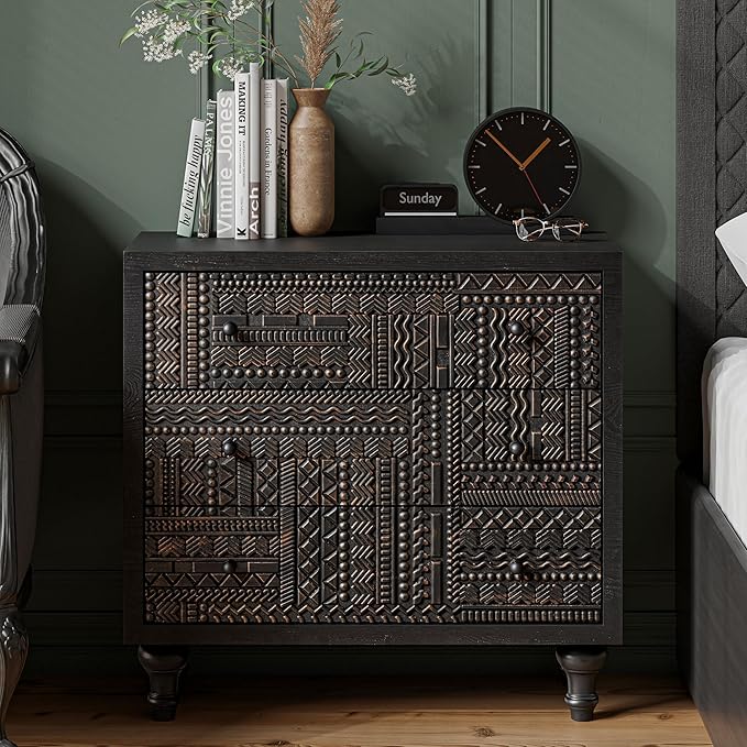 3 Drawer Farmhouse Dresser with Geometric Carved Pattern, Vintage Accent Wood Storage
