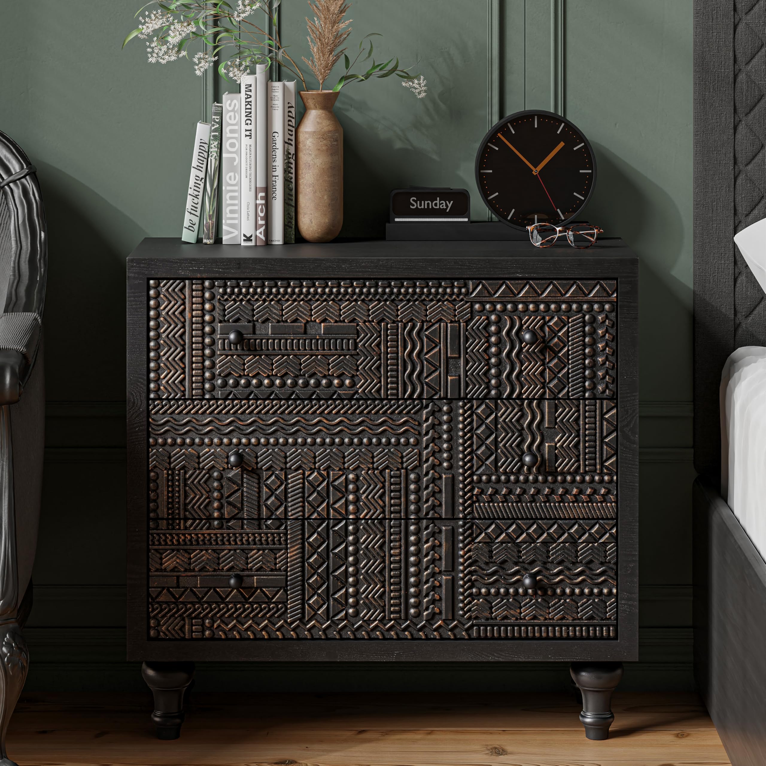 3 Drawer Farmhouse Dresser with Geometric Carved Pattern, Vintage Accent Wood Storage