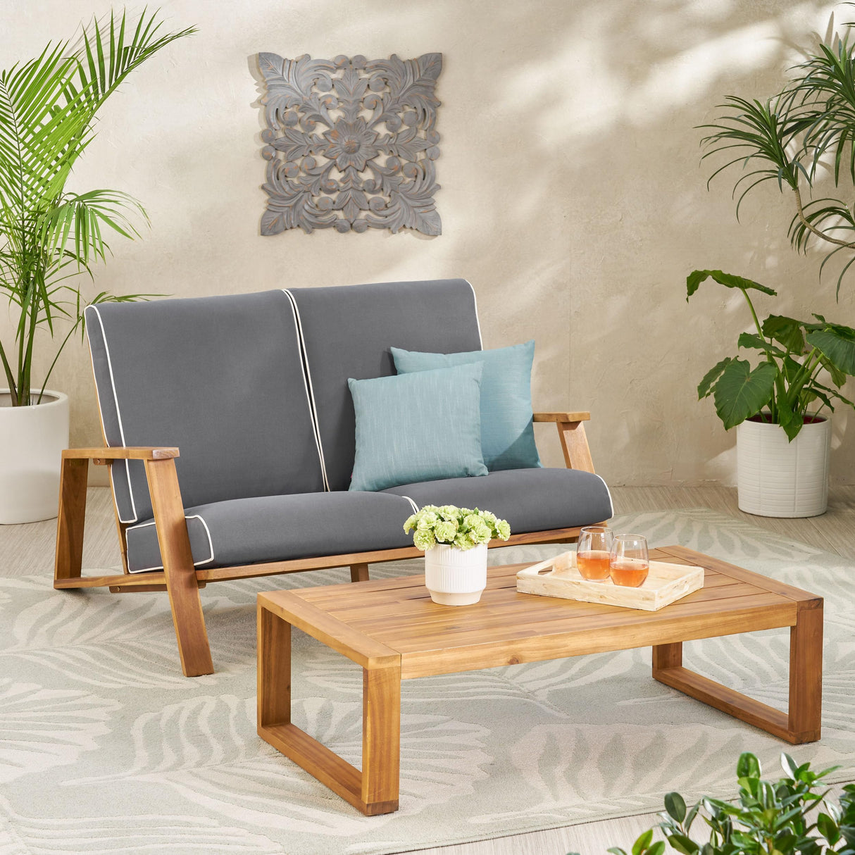 Eartha Outdoor Loveseat Set with Coffee Table, Teak Finish, Dark Gray