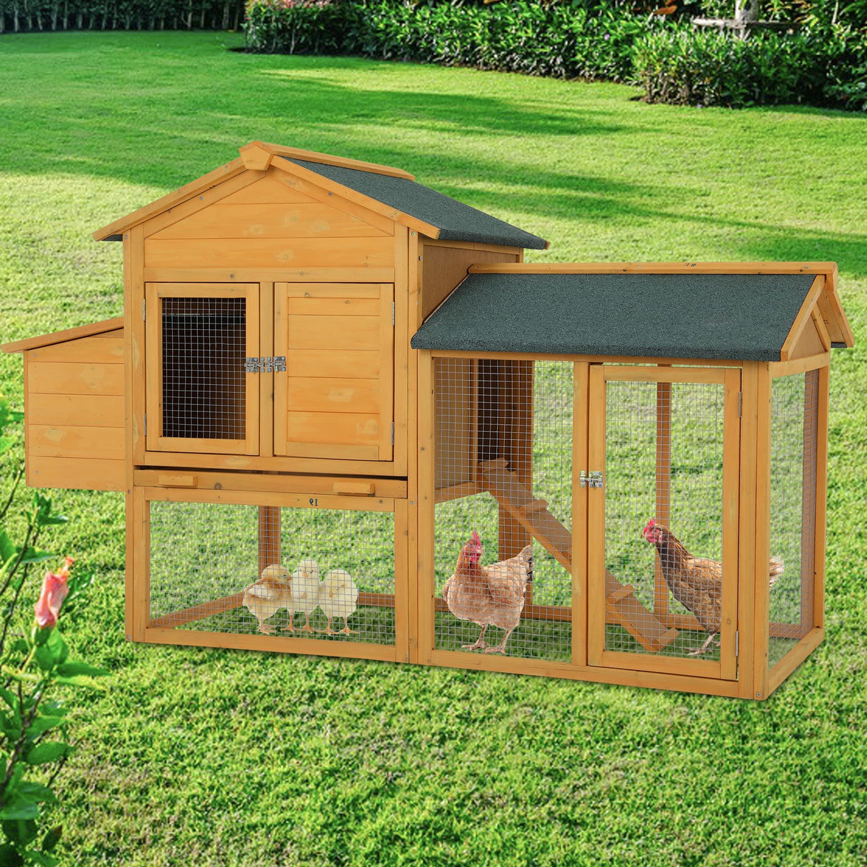 Chicken Coop 75.7" Large Hen House Wooden Multi-Level Poultry Cage