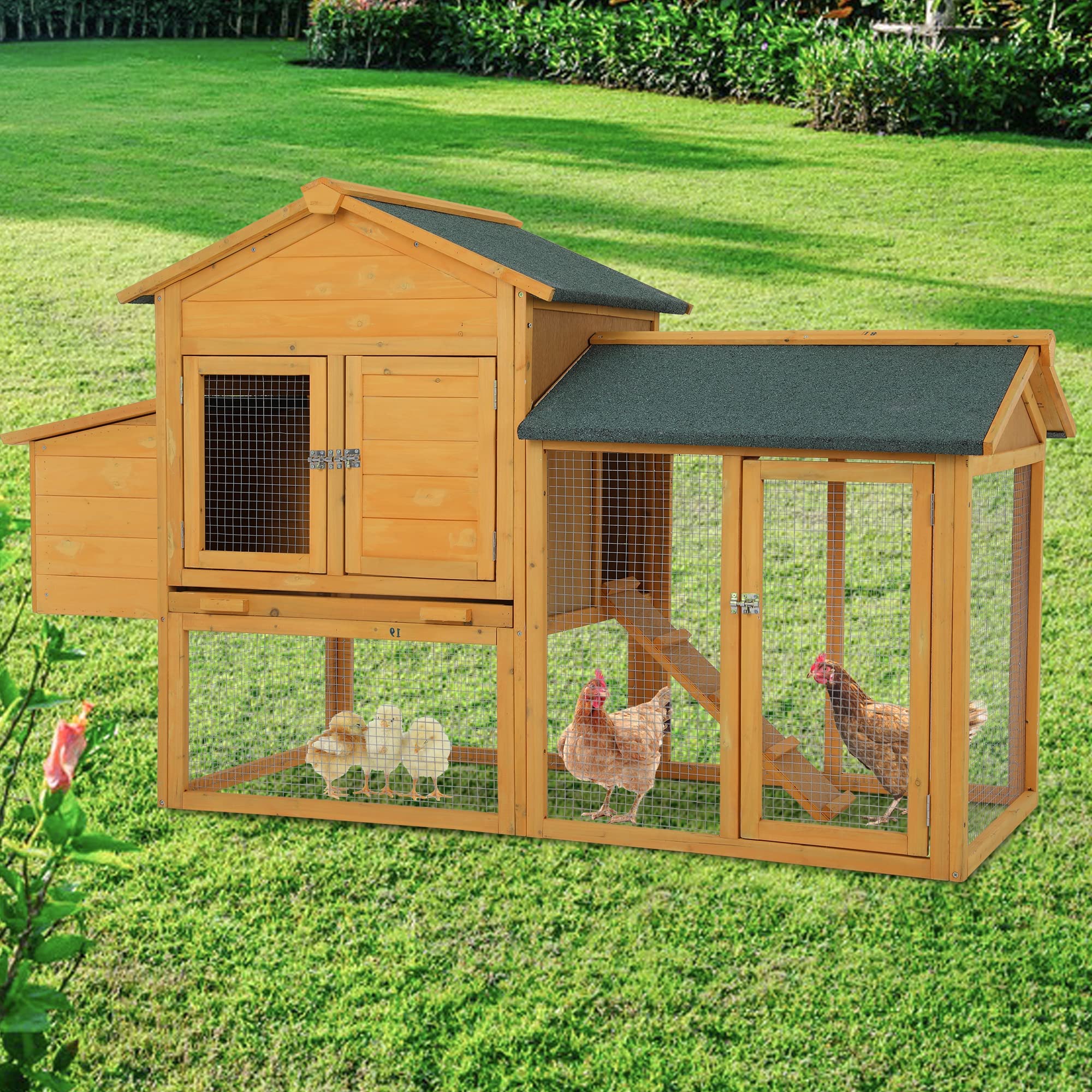 Chicken Coop 75.7" Large Hen House Wooden Multi-Level Poultry Cage