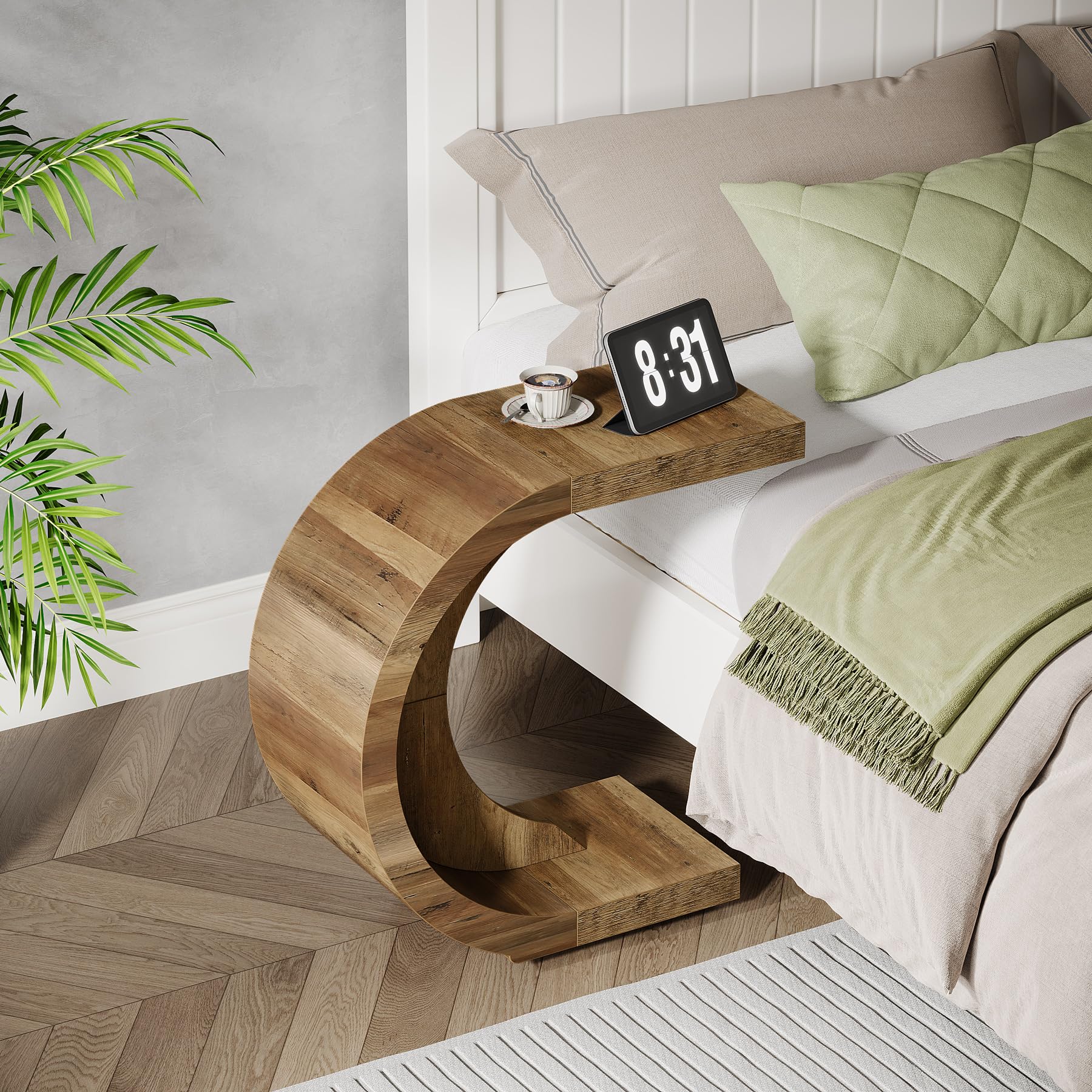 C-Shaped End Table, Wood Side Table for Couch Sofa Living Room Bedroom Small Space