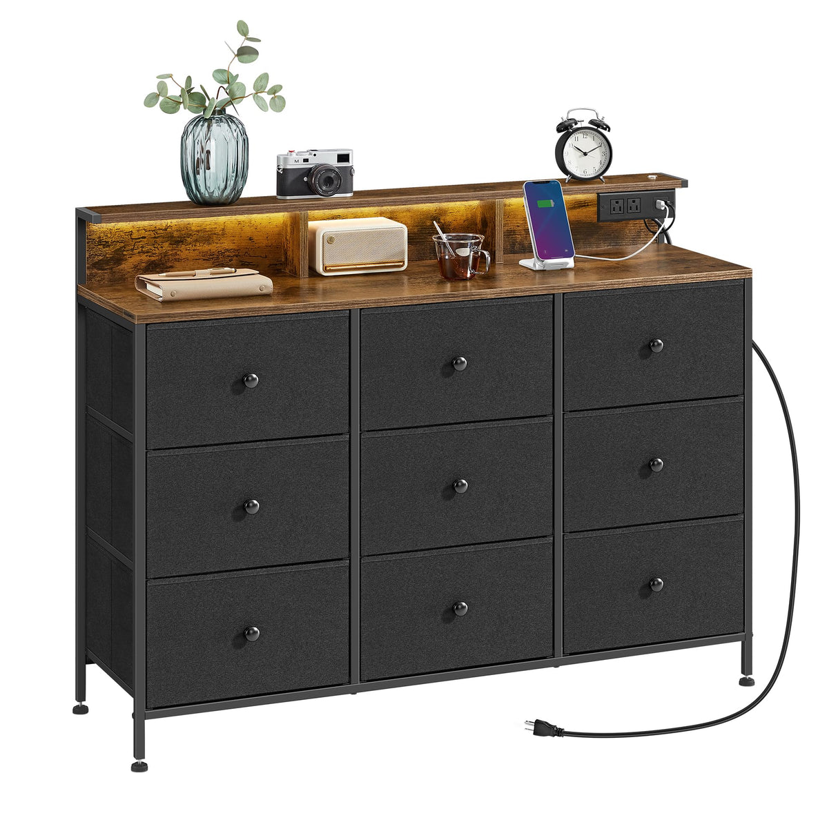 Dresser for Bedroom, Storage Organizer with 9 Fabric Drawers and LED Lights, Charging Station, Steel Frame, 13.2 x 44.9 x 33 Inches, Entryway, Ink Black ULTS519B01