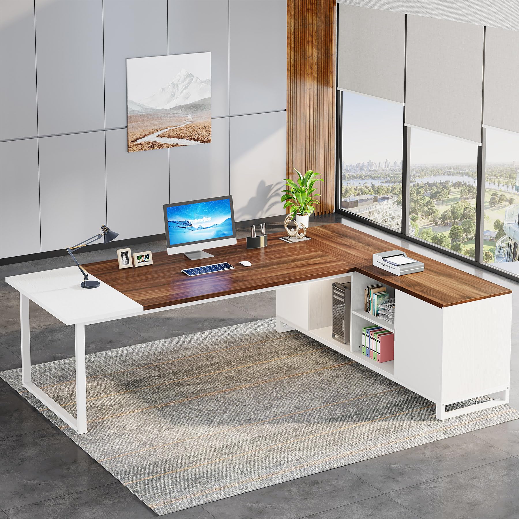 70.8" L-Shaped Executive Desk with 55" File Cabinet,